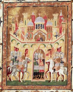 مشهد معركة على أسوار القدس ، من Descriptio Terrae Sanctae بواسطة Burcardus Theutonicus أو Burchard of Mount Sion بواسطة المدرسة الايطالية