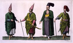 بوستاندجي وخاسيكي وأمثلة أخرى للزي العثماني ، اللوحة 5 من الجزء الثالث ، المجلد الأول من "تاريخ الأمم" ، نقشها في. بواسطة المدرسة الايطالية