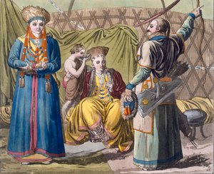 عائلة بوريات في الداخل ، من أزياء دي ... بقلم جوليو فيراريو ، c.1820s-30s (ليثو ملون يدويًا) بواسطة المدرسة الايطالية