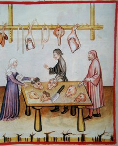 ذبح رؤوس الحيوانات. إضاءة من سلسلة الدستور الغذائي نوفا 2644 (صفحة 76v) ، Tacuinum Sanitatis بواسطة المدرسة الايطالية