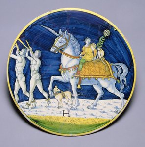 C.86-1927 طبق يصور حصان قيصر من انتصار قيصر ، منسوب إلى جاكوبو دي بيترو ، إيطالي ، من كافاجيولو بواسطة المدرسة الايطالية