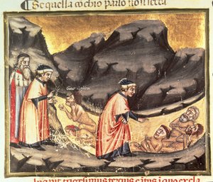 يلتقي Canto XXXIII Dante و Virgil مع Ugolino في دائرة الغدر ، من الكوميديا الإلهية (الجحيم) ، c.1313 بواسطة المدرسة الايطالية