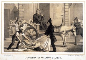 عربة تنقل القتلى أثناء وباء الكوليرا في باليرمو عام 1835. بواسطة المدرسة الايطالية