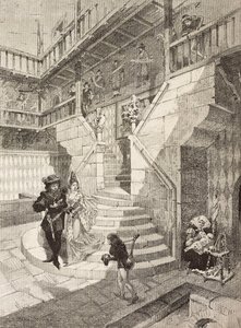 Castle courtyard, medieval village in Turin, Italy, engraving by Bonamore from L