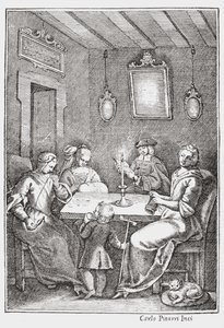 Chiaqlira قراءة حكايات لحفلة خياطة ، الغلاف الأمامي للبنتاميرون من Giambattista Basile ، 1742 بواسطة المدرسة الايطالية