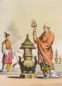 العادات الدينية الطاوية الصينية: بونزو في أردية احتفالية ، نقشها فوماجالي وبراماتي ، c.1820-30 (نقش الألوان) بواسطة المدرسة الايطالية