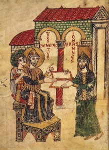 مخطوطة 73 أبوت جون تقدم مخطوطة إلى القديس بنديكت (c.480-c.550) ، رئيس دير ومؤسس Montecassino ، كتبها ديكون بول ، إيطالي ، 915 ، من التعليق على القواعد الرهبانية للقديس بن بواسطة المدرسة الايطالية