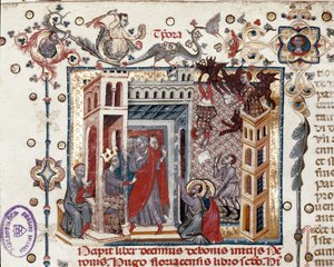 Codices Cavenses، Cod.25 f.181، Simon Magus، Emperor Nero، and Apostles، miniature from Speculum Historiale، Part I، بقلم فنسنت دي بوفيز ، c.1320 (درجة الحرارة على الرق) بواسطة المدرسة الايطالية