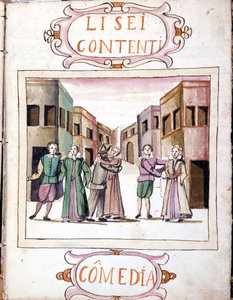كوميديا ​​من تأليف Li sei contenti بعد مجلد مخطوطة "سيناريوهات المسرحيين المختارين" (1621 - 1643). روما ، Accademia dei Lincei. بواسطة المدرسة الايطالية