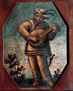 Commedia dell'arte: تمثيل شخصية زاني ، قناع الكوميديا الإيطالية ، العزف على العود. لوحة مجهولة من القرن الثامن عشر. مكتبة ومتحف Teatrale del Burcardo روما بواسطة المدرسة الايطالية