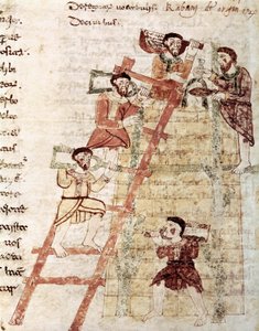 بناء برج مصغر مأخوذ من مخطوطة "دي يونيفرسو" الكتاب 16 الفصل. 1 بواسطة ماوروس رابانوس ، القرن التاسع بواسطة المدرسة الايطالية