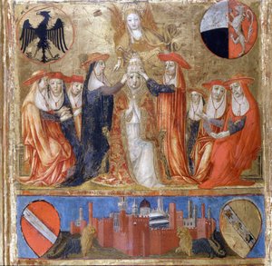تتويج بيوس الثاني (Enea Silvio Piccolomini) (1405-1464). البابا الإيطالي (1458 - 1464). يقع الطابق السفلي في مدينة سيينا المحصنة. Bicherna (غلاف السجل المحاسبي لمدينة سيينا) من عام 1460. الأرشيف الوطني - Museo delle Tavolette de B بواسطة المدرسة الايطالية