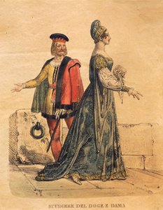 Costume design for a squire of the Doge and a lady, from 