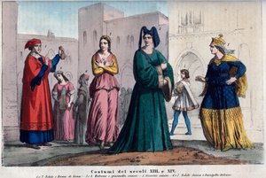 أزياء سيينا بين القرنين الثالث عشر والرابع عشر - ملابس في سيينا بين القرنين الثالث عشر والرابع عشر - نقش من "" Usi e Costumes di Tutti II Popoli dell'Universo. هذا هو تاريخ الحكومة ، من القوانين ، من الميليشيا ، من دين كل ن بواسطة المدرسة الايطالية