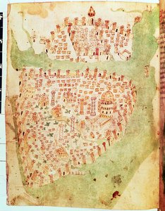قطن فيسباسيان أ.الثالث عشر ، ص 36: خريطة القسطنطينية ، حوالي 1450 (رق) بواسطة المدرسة الايطالية