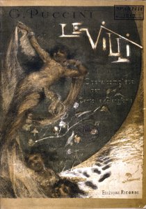 غلاف لنتيجة "Le Villi" ، الأوبرا (1884) في فصلين لبوتشيني ترانيم وبيانو (1858 - 1924). طبعات ريكوردي. بواسطة المدرسة الايطالية
