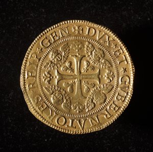 عملة جمهورية الجينات: 12.5 عملة ذهبية مزدوجة. ديم. 61 ملم 1656. الجبهة. الجينات Musei di Strada Nuova (رقم الجرد 6456) بواسطة المدرسة الايطالية
