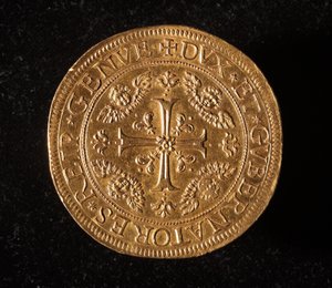 عملة جمهورية الجينات: 25 عملة ذهبية مزدوجة. ديم. 52.5 ملم 1694. الجبهة. الجينات Musei di Strada Nuova (رقم الجرد 6457) بواسطة المدرسة الايطالية