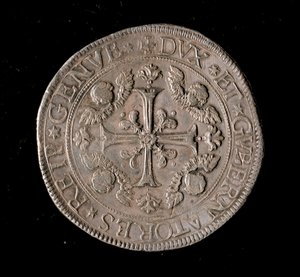 عملة جمهورية الجينات: خمسة عملة فضية ecus. ديم. 61 ملم 1693. الجبهة. الجينات Musei di Strada Nuova بواسطة المدرسة الايطالية