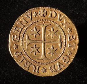 عملة جمهورية الجينات: خمس عملات ذهبية مزدوجة. ديم. 41 ملم 1642. الجبهة. الجينات Musei di Strada Nuova بواسطة المدرسة الايطالية