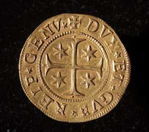 عملة جمهورية الجينات: خمس عملات ذهبية مزدوجة. ديم. 41 ملم 1652. الجبهة. الجينات Musei di Strada Nuova بواسطة المدرسة الايطالية