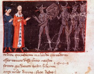 يتحدث دانتي وفيرجيل مع Malacoda ، زعيم أسراب Malebranche (أغنية 21 من الجحيم ، في الكوميديا الإلهية) - مصغرة بواسطة المدرسة الايطالية