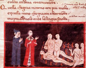 دانتي وفيرجيل محاطان بالعنفين (أغنية 14 من الجحيم ، في الكوميديا الإلهية) - مصغر من القرن الرابع عشر بواسطة المدرسة الايطالية