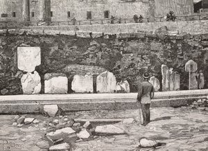 Decorative hemicycle in Roman Forum, Rome, Italy, engraving from drawing by Dante Paolocci, from L