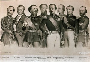 المدافعون عن القانون والحرية في إيطاليا: من اليسار إلى اليمين ، الجنرال مانفريدو فانتي (1806-1855) ، كاميلو بينسو ، كونت كافور (1810-1861) ، ملك سردينيا فيتوريو إيمانويل الثاني (فيكتور عمانويل) (فيكتور عمانويل) ، الجنرال إنريكو سيالديني (1811-1892) ، إي بواسطة المدرسة الايطالية