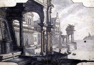 تصميم لمجموعة المسرح ، حوالي 1750 (قلم وحبر وألوان مائية على ورق) بواسطة المدرسة الايطالية
