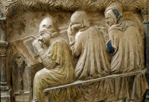 Detail representing students following the course of Bonifacio Galluzzi (Grave slab, circa 1346) بواسطة المدرسة الايطالية