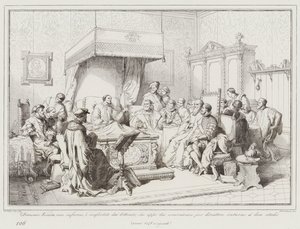 Domenico Veniero, reso infermo, e confortato dai letterati, che appo lui convenivano per  (engraving) بواسطة المدرسة الايطالية