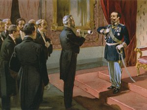 دوق سيرمونيتا يقدم للملك فيكتور عمانويل الثاني (1820-1878) استفتاء روما في بلازو بيتي ، فلورنسا ، 1870 ، توضيح من ألبوم عن تاريخ Risorgimento المصنوع للشوكولاتة Talm بواسطة المدرسة الايطالية