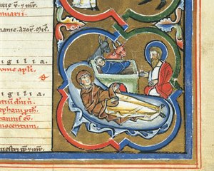 Elizabethan calendar, December, Nativity (pen & ink, tempera and gold leaf on vellum) بواسطة المدرسة الايطالية