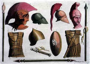 أمثلة على الأسلحة والدروع الأترورية ، من "Costumi dei Romani" ، محفور بواسطة DK Bonatti ، 1805-20 (مائية) بواسطة المدرسة الايطالية