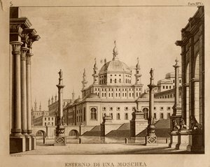 الجزء الخارجي من مسجد ، تم وضع تصميم لـ "Ricciardo and Zoraide" بواسطة Gioachino Rossini (litho) بواسطة المدرسة الايطالية