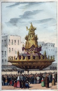 عيد سانتا روزاليا في باليرمو (1130-1160) ، شفيع باليرمو - عيد سانتا روزاليا - (شفيع باليرمو في إيطاليا) عيد سانتا روزاليا في باليرمو في صقلية - عيد سانتا روزاليا - نقش من " "استخدامات وعادات توت بواسطة المدرسة الايطالية