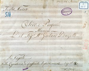 الصفحة الأولى من النوتة الموسيقية لأوبرا "Olivo e Pasquale" بقلم Gaetano Donizetti (حبر على ورق) بواسطة المدرسة الايطالية