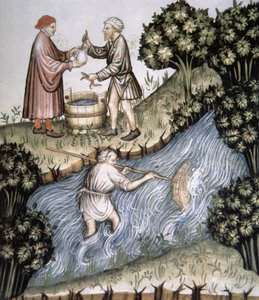 Fol.84r الصيد ، رسم توضيحي من Tacuinum Santiatis Codex Vindobonensis بواسطة المدرسة الايطالية