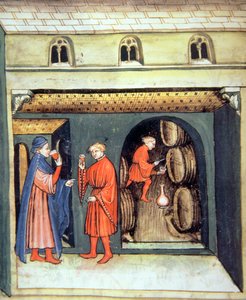 Fol.86v نبيذ فواكه مسن ، توضيح من Tacuinum Santiatis Codex Vindobonensis بواسطة المدرسة الايطالية