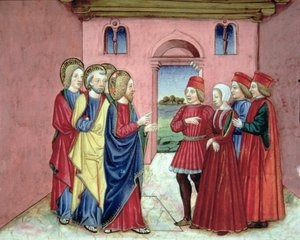Fol.89R الفريسيون يقدمون للمسيح امرأة أمسكت في الزنا (الرق) بواسطة المدرسة الايطالية