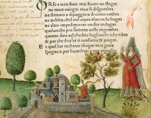 Fol. 17v ، "Bear ولم تكن هناك أنهار أو برك قط" ، من "Canzoniere e Trionfi" بقلم بترارك ، حوالي 1470 بواسطة المدرسة الايطالية