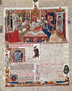 الصفحة الأولى من مخطوطة "Decret de Gratien" ("Concordia discordantium canonum" أو "Decretum Gratiani") التي يرجع تاريخها إلى عام 1140 والتي تنظم قوانين وشرائع الكنيسة الرومانية الكاثوليكية. القرن الرابع عشر سيينا ، مكتبة ديجلي إنتروناتي بواسطة المدرسة الايطالية