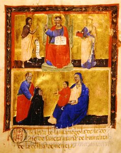 Frontispiece ، من Mariegola من النقابة العلمانية لأخوية مادونا ديل أميليتا ، 1391 (حبر وورق ذهبي على الرق) بواسطة المدرسة الايطالية