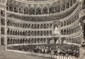 Gala evening at Costanzo theatre in honor of crown prince of Germany (future Frederick III), Rome, Italy, engraving from drawing by Dante Paolocci, from L