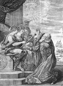 قدم عالم الفلك جاليليو (1564 - 1642) التلسكوب للنعم الثلاث. بيده اليمنى ، يشير إلى كوكب المشتري بأقماره التي اكتشفها بنفسه وكرسها لعائلة ميديشي. Frontispice de "" Opere di Galileo "" بولونيا بواسطة المدرسة الايطالية