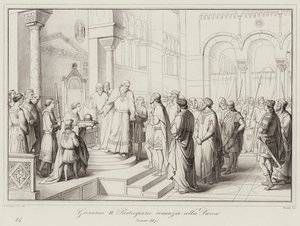 Giovanni II Partecipazio يتخلى عن الدوقية ، 887 (نقش) بواسطة المدرسة الايطالية