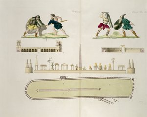 المصارعون وخطة سيرك كاراكالا ، اللوحة 23 أ ، الفئة 5 من الجزء الأول من تاريخ الأمم ، منقوش بواسطة أ. ناني (أكواتينت) بواسطة المدرسة الايطالية