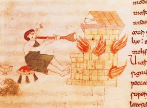 نافخات الزجاج ، منمنمة من "دي الكون" لرابانو ماورو ، مخطوطة ، إيطاليا القرن الحادي عشر. بواسطة المدرسة الايطالية
