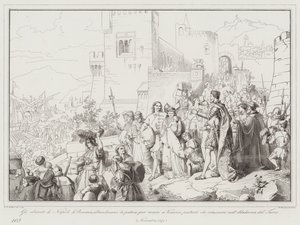 Gli abitanti di Napoli di Romania abbandonano la patria per recarsi a Venezia, piuttosto che  (engraving) بواسطة المدرسة الايطالية